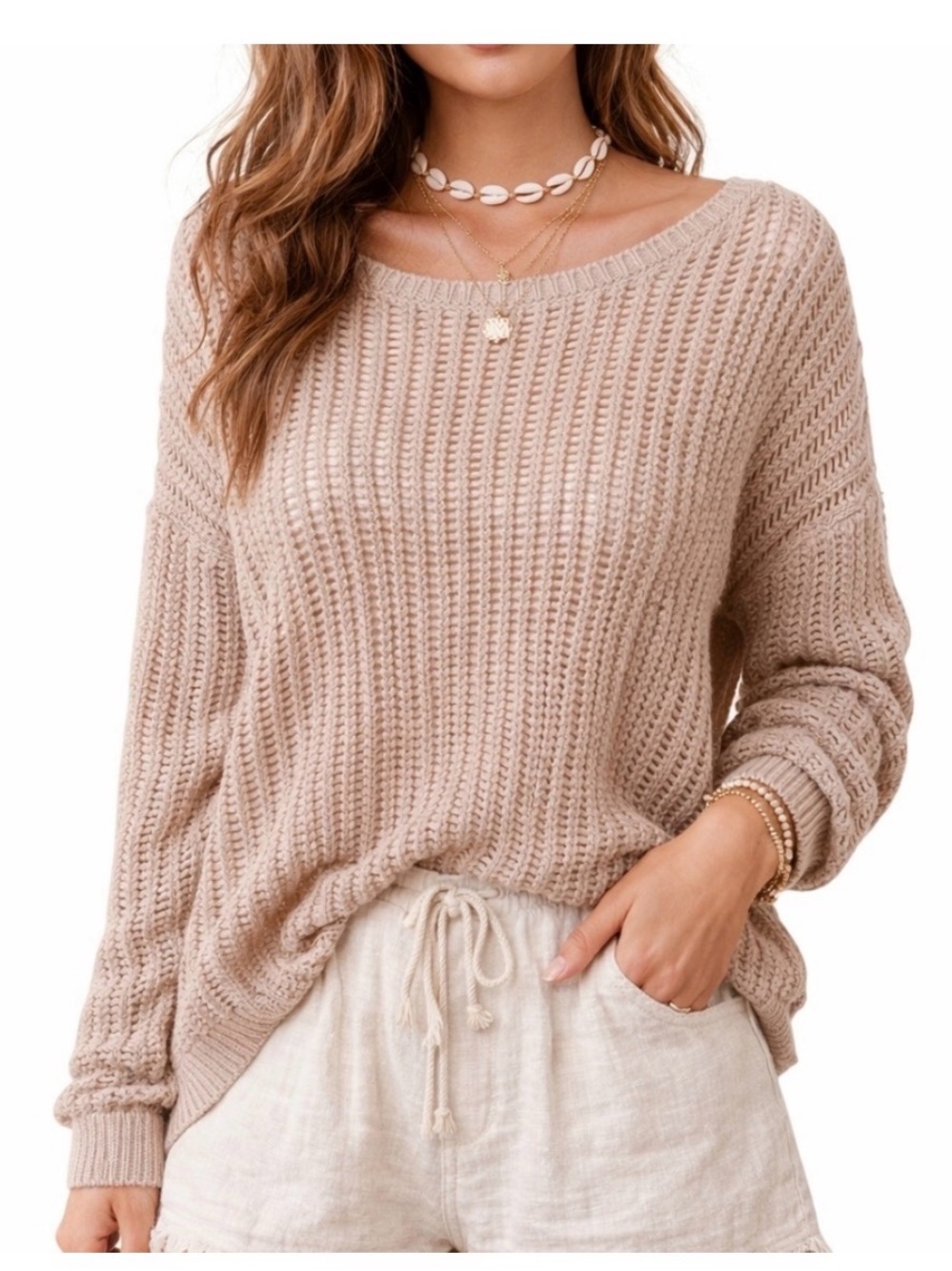 Aritzia Wilfred Free Open-Knit Crewneck Sweater in Taupe XS oversized ptp18-23